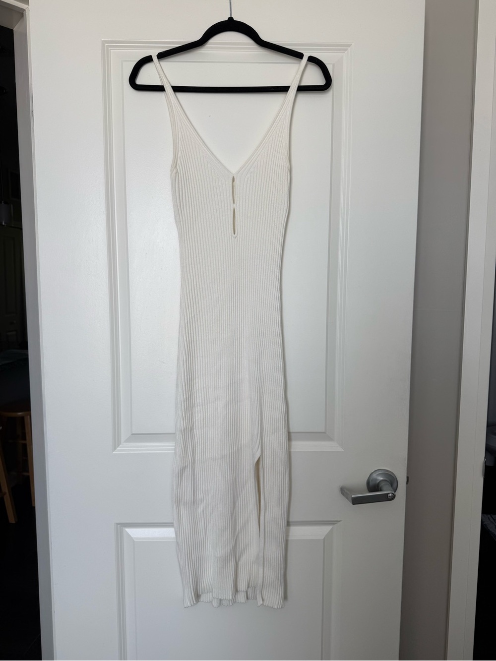 Slim Ribbed White V-Neck Sweater Dress